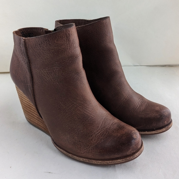 Korkease Natalya Stacked Wedge Bootie Brown Leather Zipper Boot Women's Size 6 - Picture 1 of 13
